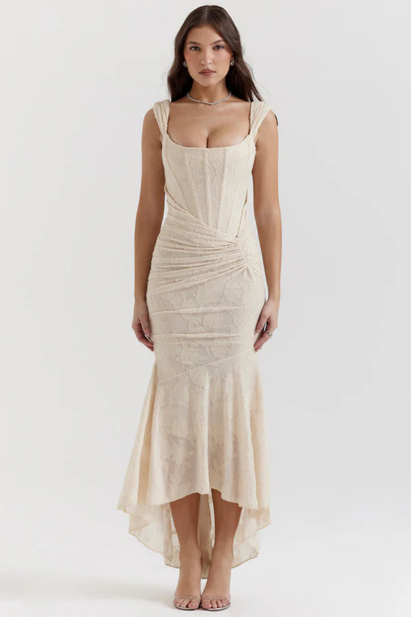 | Ruched Bodice Lace Maxi Dress