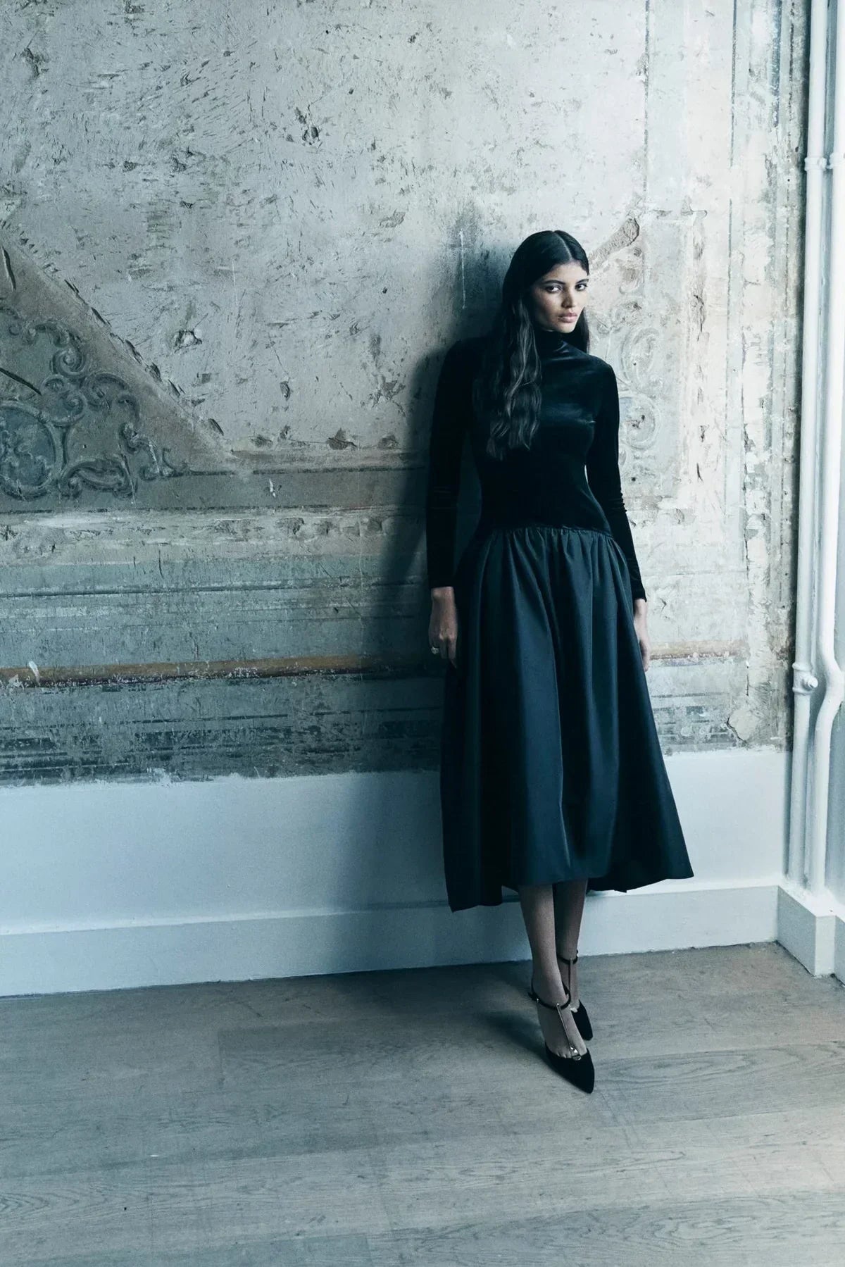 Velvet Turtleneck Long Sleeve Gathered Full Skirt Midi Dress