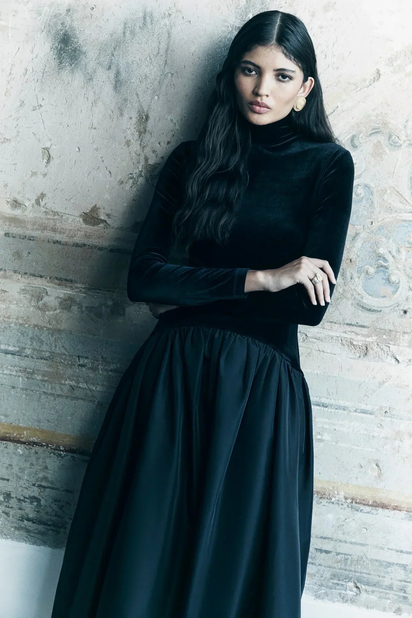 Velvet Turtleneck Long Sleeve Gathered Full Skirt Midi Dress