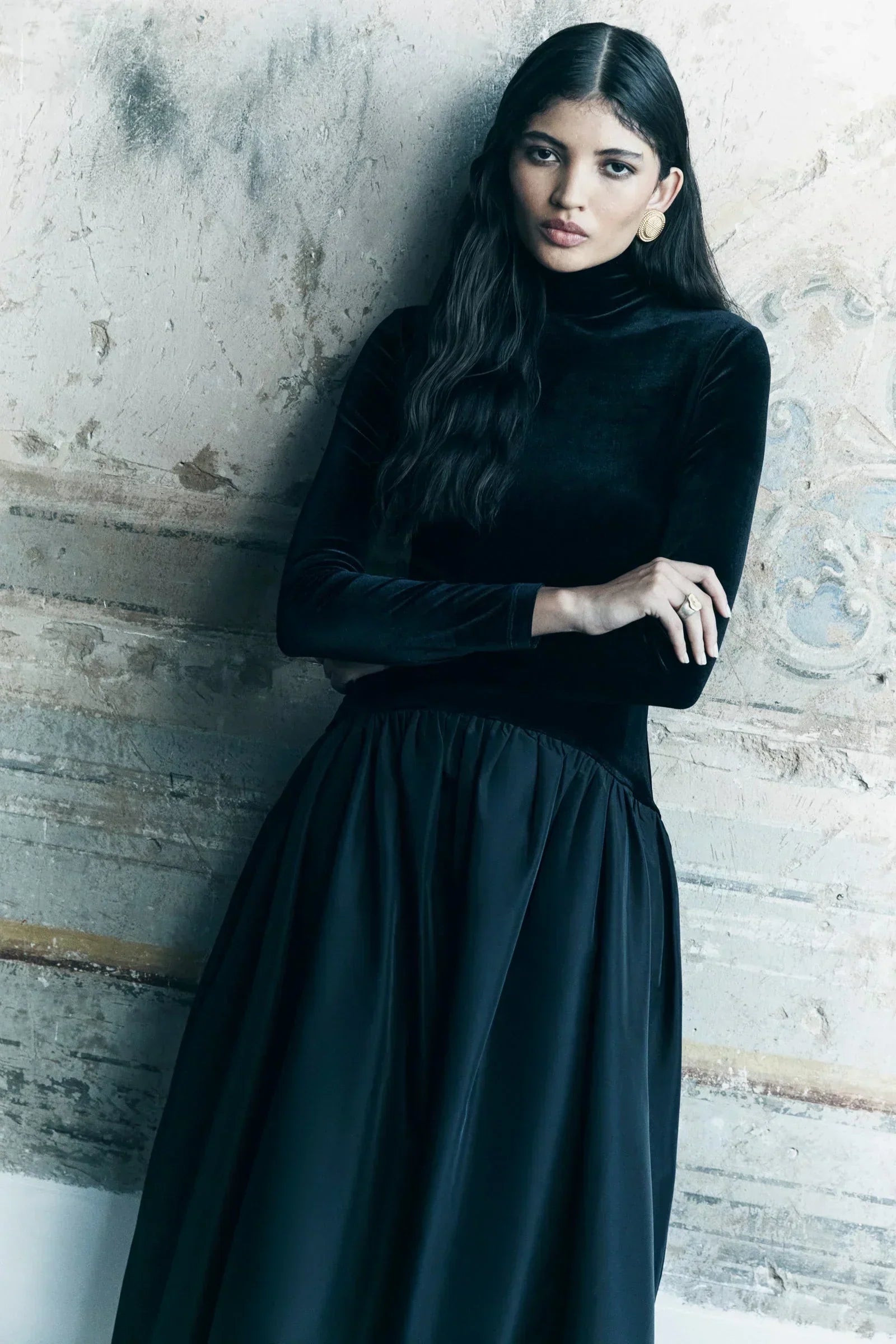 Velvet Turtleneck Long Sleeve Gathered Full Skirt Midi Dress