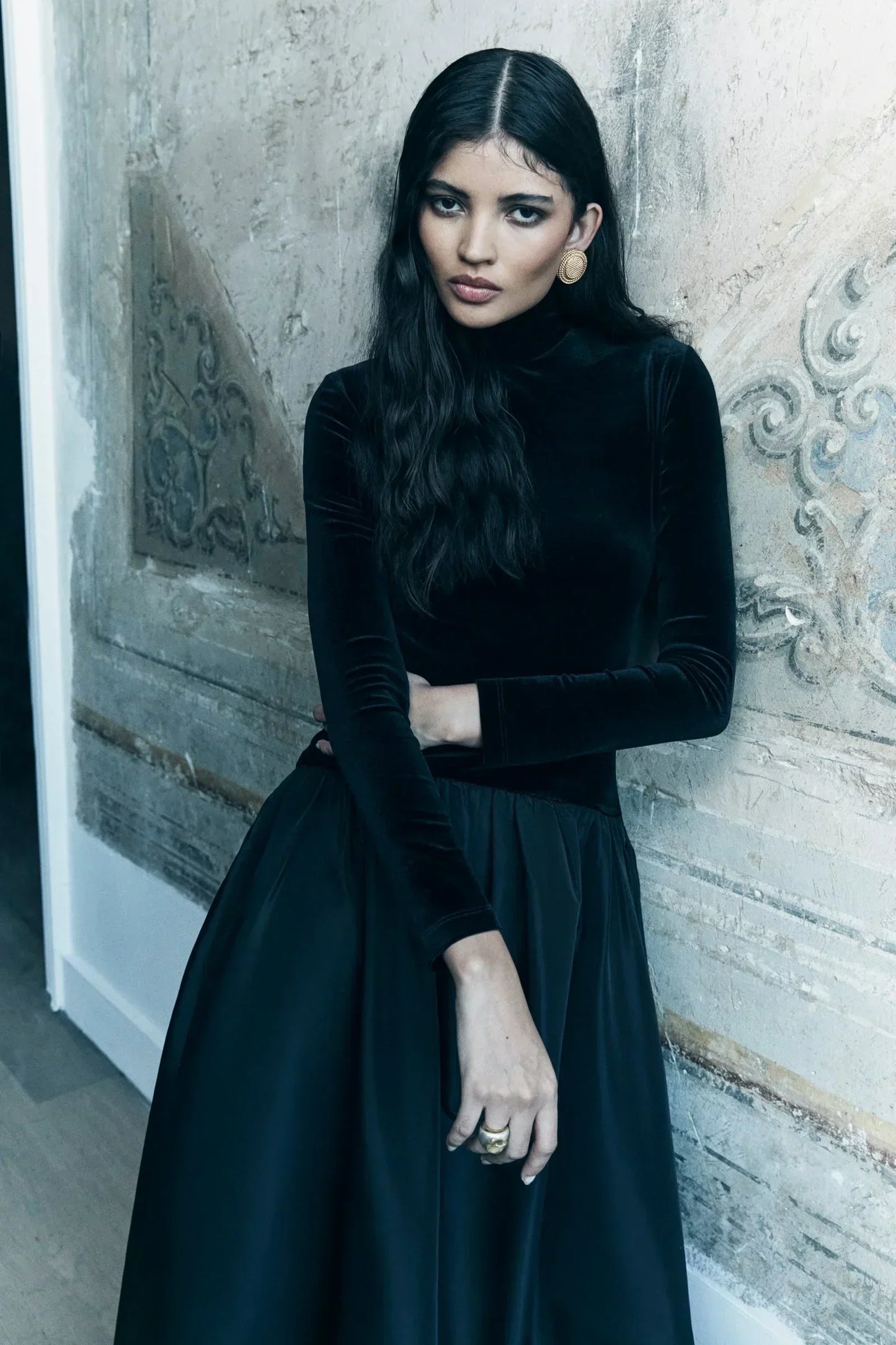 Velvet Turtleneck Long Sleeve Gathered Full Skirt Midi Dress
