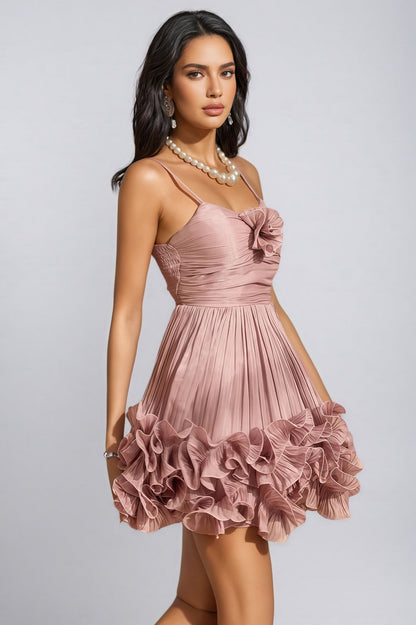 Kynlla Pink Spaghetti Flower Ruffle Mini Dress