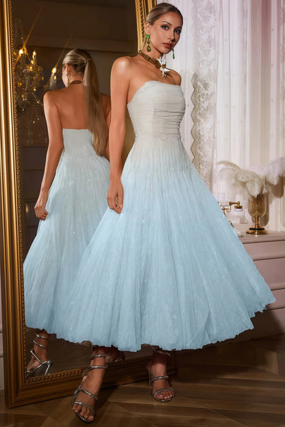 Sorirt Blue Strapless Ruched Mesh Midi Dress