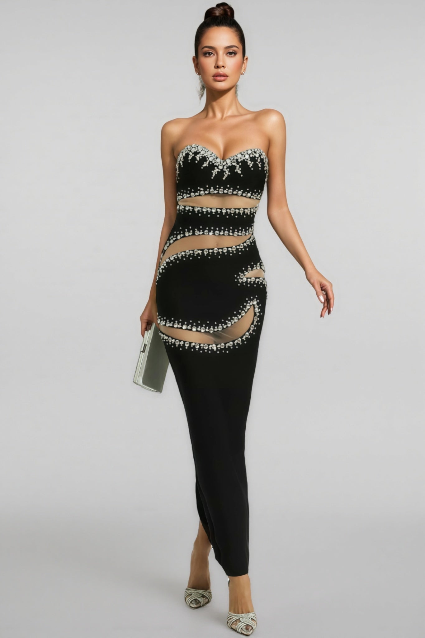 Elioed Black Beading Mesh Bandage Maxi Dress