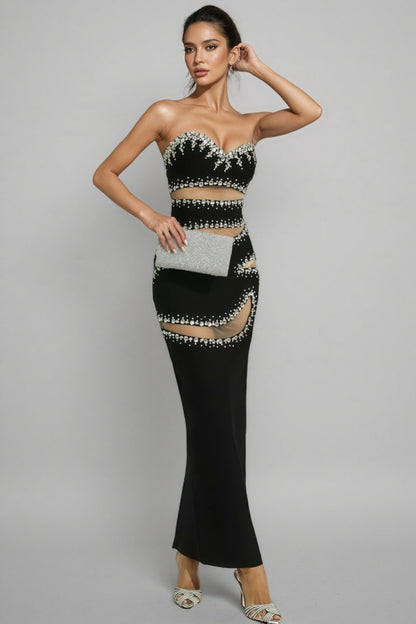 Elioed Black Beading Mesh Bandage Maxi Dress