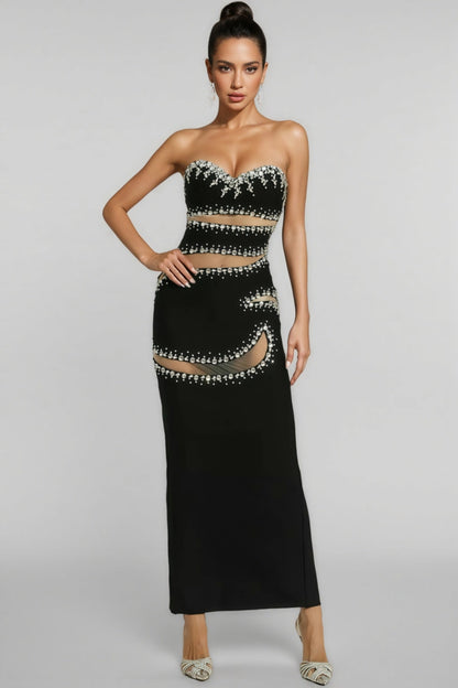 Elioed Black Beading Mesh Bandage Maxi Dress