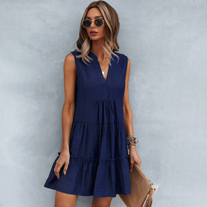 Notched V-Neck Tiered Ruffle Babydoll Mini Dress