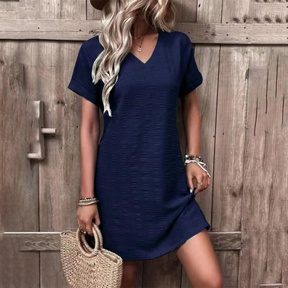 Crinkled Textured V-Neck Cuffed Sleeve Shift Mini Dress