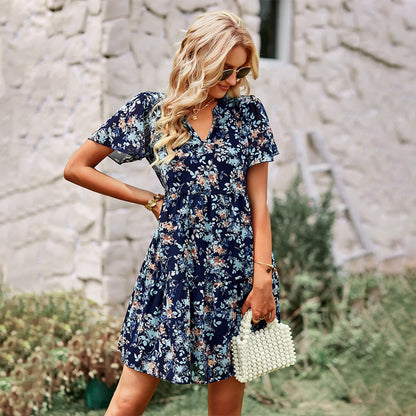Mandarin Collar V-Neck Tiered Ruffle Babydoll Mini Dress
