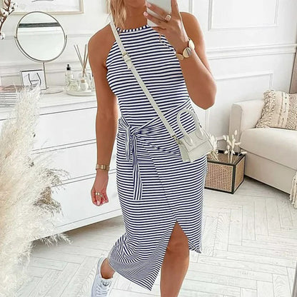 Horizontal Stripe High Neck Tie Waist Wrap Slit Midi Dress