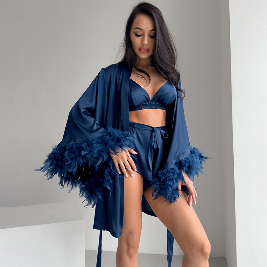Navy satin feather trim three piece pajama set