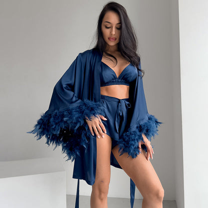 Navy satin feather trim three piece pajama set