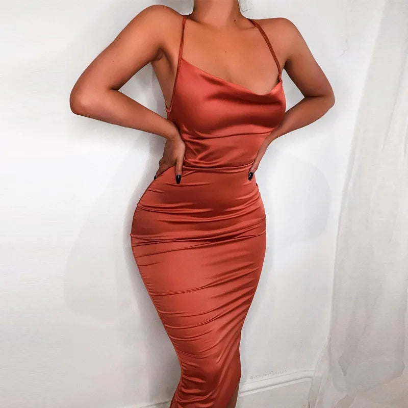 Satin Lace Up Pink Backless Midi Dress