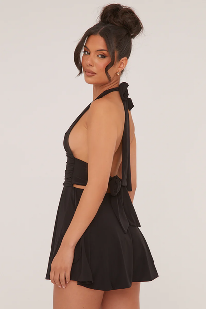| Plunge Halter Skater Mini Dress