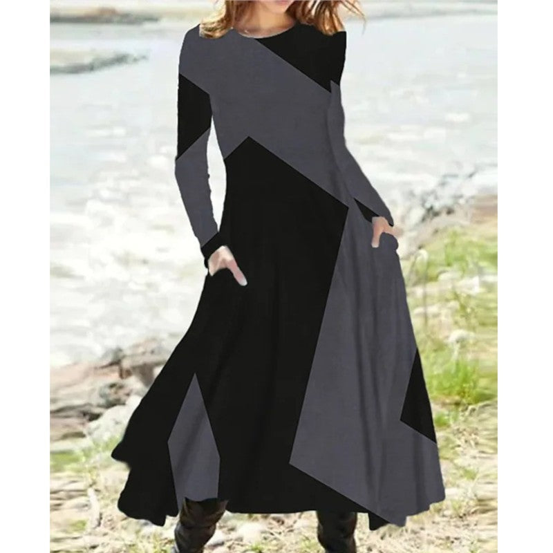 Geometric Patchwork Long Sleeve Pocket Flared A-Line Maxi Dress