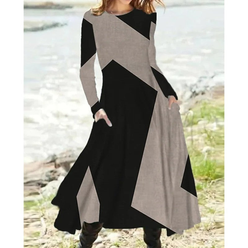 Geometric Patchwork Long Sleeve Pocket Flared A-Line Maxi Dress