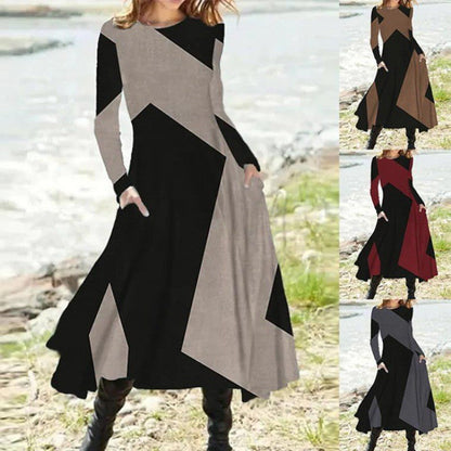 Geometric Patchwork Long Sleeve Pocket Flared A-Line Maxi Dress