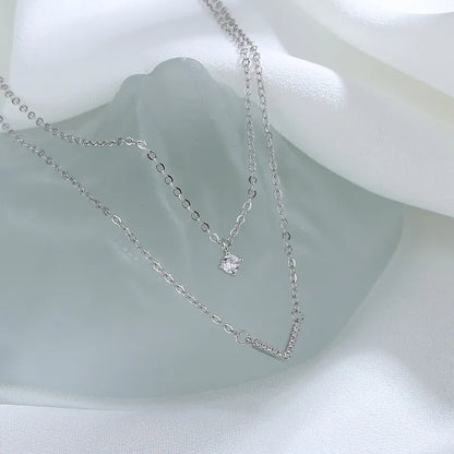 Women's Sparkling Zircon Double Layer V Necklace – Silver Chain Jewelry