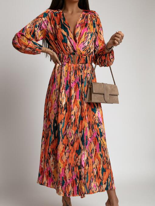 Abstract Brushstroke Print Wrap Bodice Bishop Sleeve Belted Maxi Dress