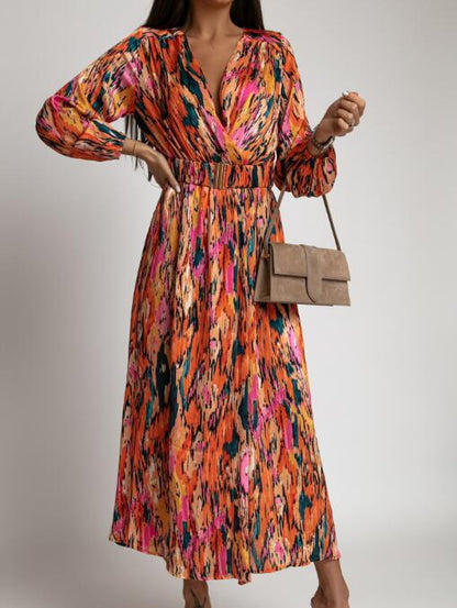 Abstract Brushstroke Print Wrap Bodice Bishop Sleeve Belted Maxi Dress