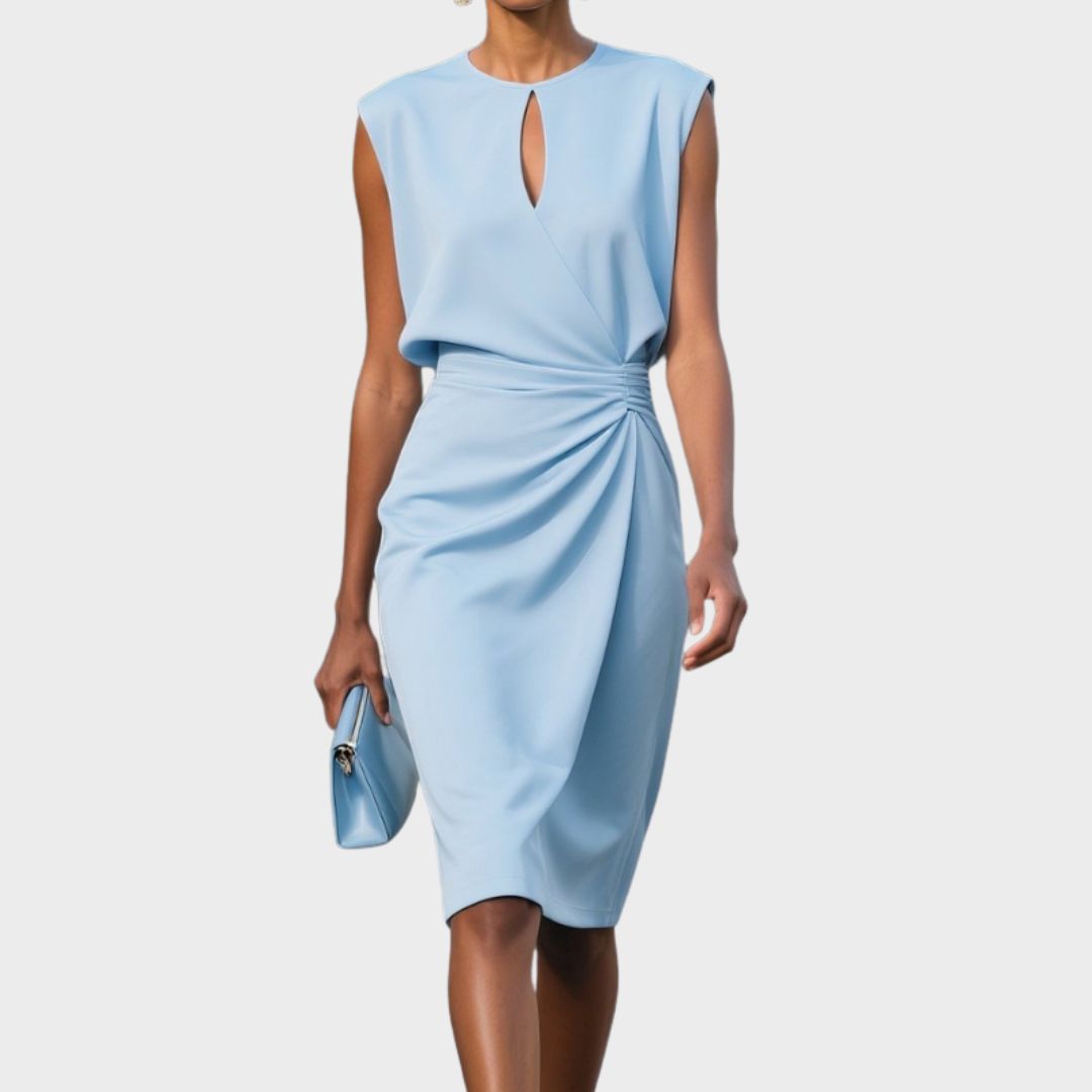 Keyhole Cutout Sleeveless Ruched Waist Draped Wrap Knee Length Dress
