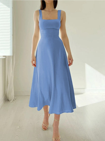 Square Neck Wide Strap Sleeveless Fitted Bodice A-Line Midi Dress