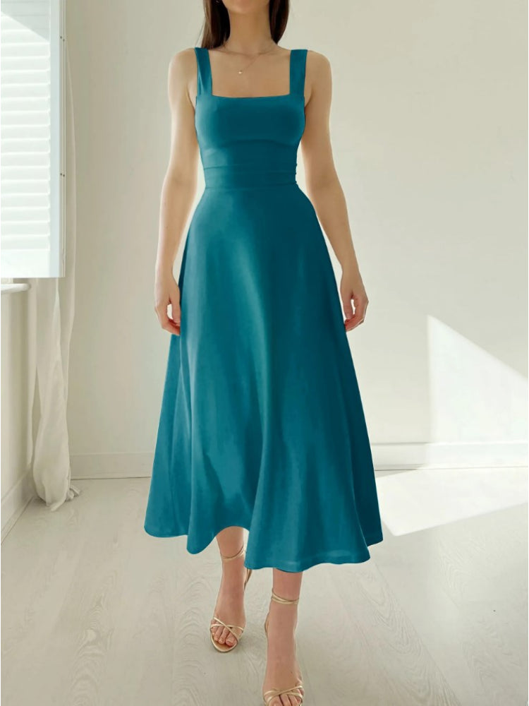 Square Neck Wide Strap Sleeveless Fitted Bodice A-Line Midi Dress