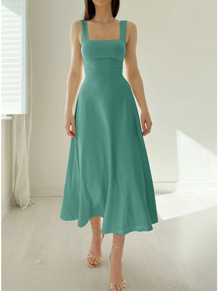 Square Neck Wide Strap Sleeveless Fitted Bodice A-Line Midi Dress