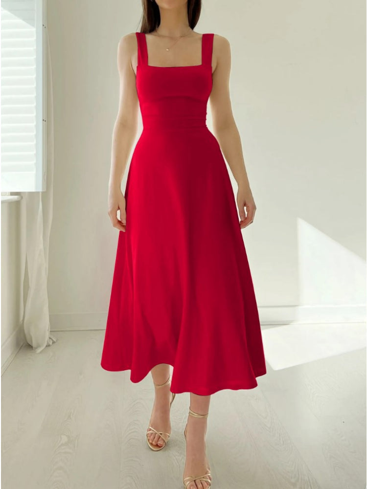 Square Neck Wide Strap Sleeveless Fitted Bodice A-Line Midi Dress