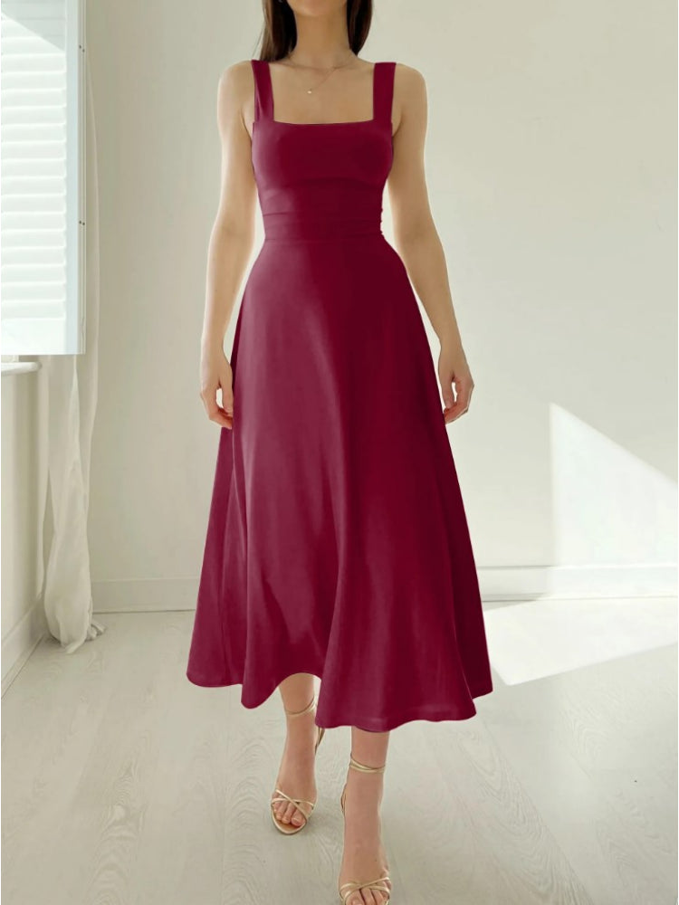Square Neck Wide Strap Sleeveless Fitted Bodice A-Line Midi Dress