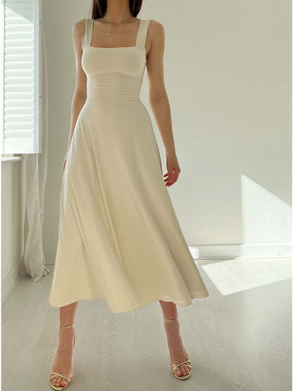 Square Neck Wide Strap Sleeveless Fitted Bodice A-Line Midi Dress