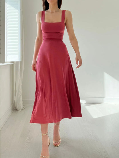Square Neck Wide Strap Sleeveless Fitted Bodice A-Line Midi Dress