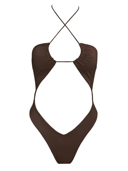 | V-cut bottom espresso one-piece swimsuit