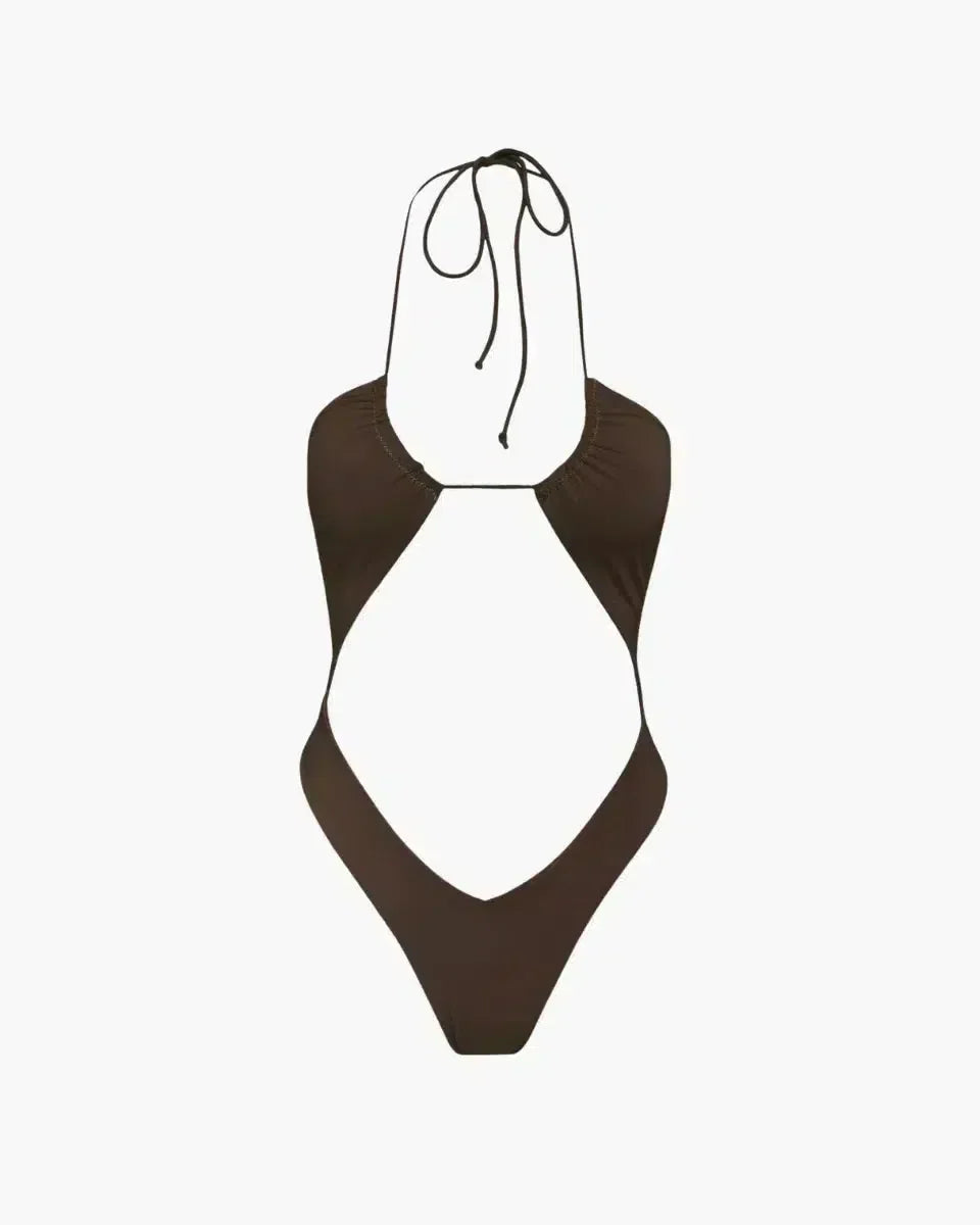 | V-cut bottom espresso one-piece swimsuit