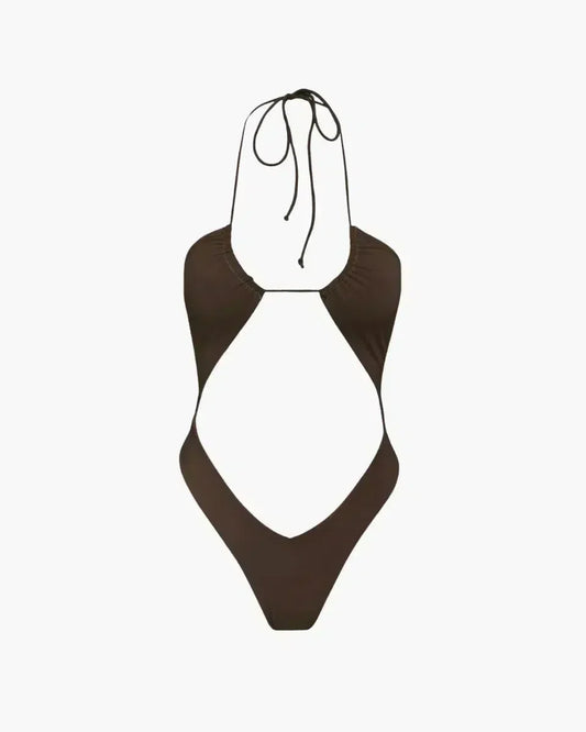 | V-cut bottom espresso one-piece swimsuit