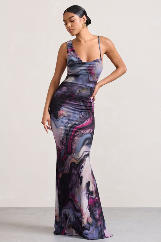 | Satin slip gown in marble swirl