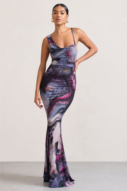 | Satin slip gown in marble swirl