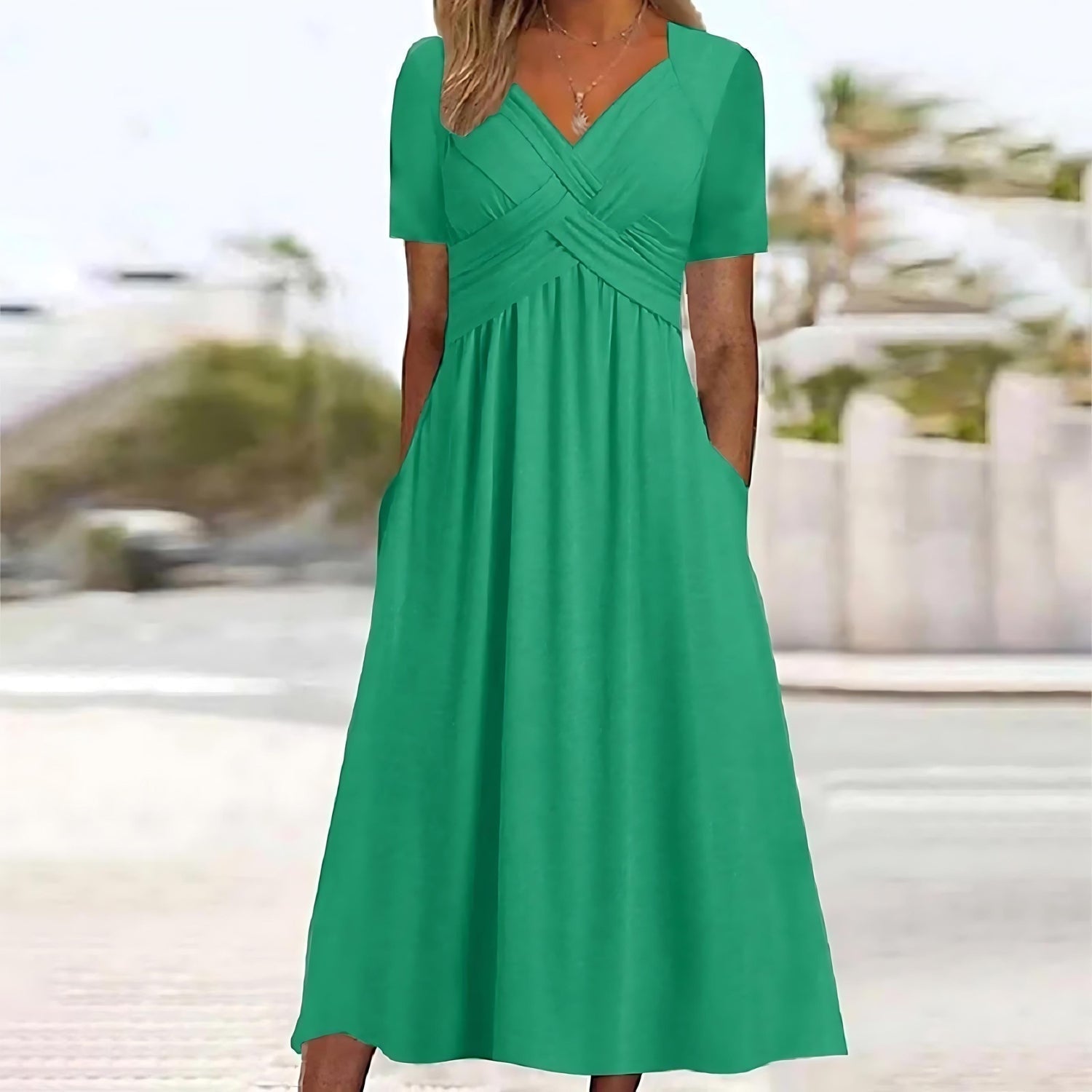 Criss-Cross Wrap V-Neck Short Sleeve Empire Waist Pocket Midi Dress