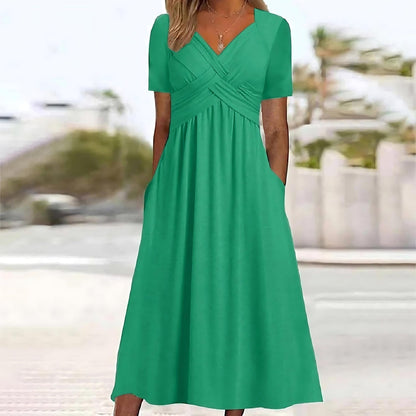 Criss-Cross Wrap V-Neck Short Sleeve Empire Waist Pocket Midi Dress