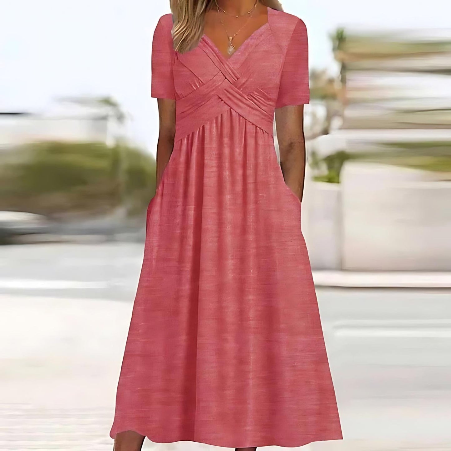 Criss-Cross Wrap V-Neck Short Sleeve Empire Waist Pocket Midi Dress
