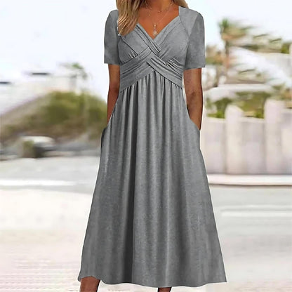 Criss-Cross Wrap V-Neck Short Sleeve Empire Waist Pocket Midi Dress