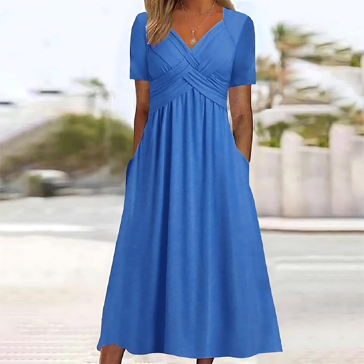 Criss-Cross Wrap V-Neck Short Sleeve Empire Waist Pocket Midi Dress