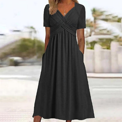 Criss-Cross Wrap V-Neck Short Sleeve Empire Waist Pocket Midi Dress