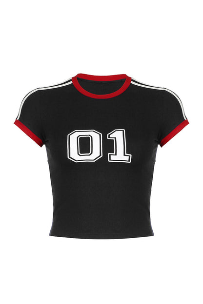 Number Printed Contrast Raglan Sleeve Crop Tops