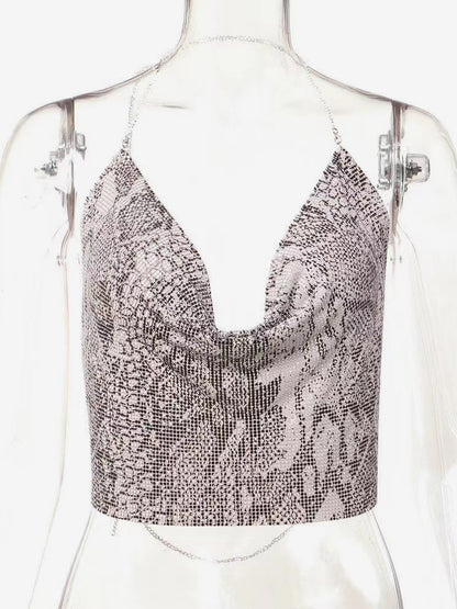 Sexy Straps Halter Metal Tops Sequin Clubwear Tops Sliver Sleeveless Spaghetti Straps Cami Draped Crop For Women