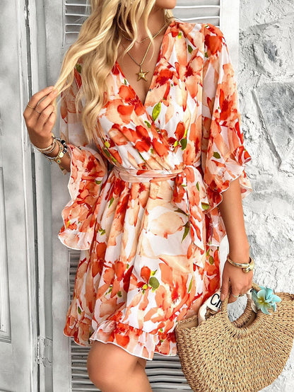 RUFFLE FLORAL WRAP MINI DRESS ORANGE SUMMER