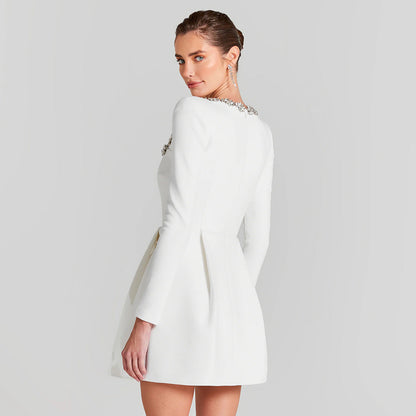 Bead Long Sleeve Stretch Dress A line
