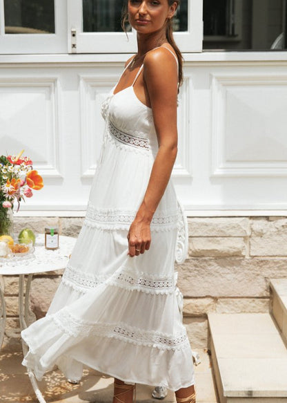 Sweetheart Tie Front Lace Trim Empire Waist Tiered Maxi Dress