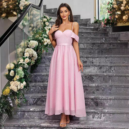 Sweetheart Spaghetti Strap Cold Shoulder Swiss Dot Corset Bodice Maxi Dress