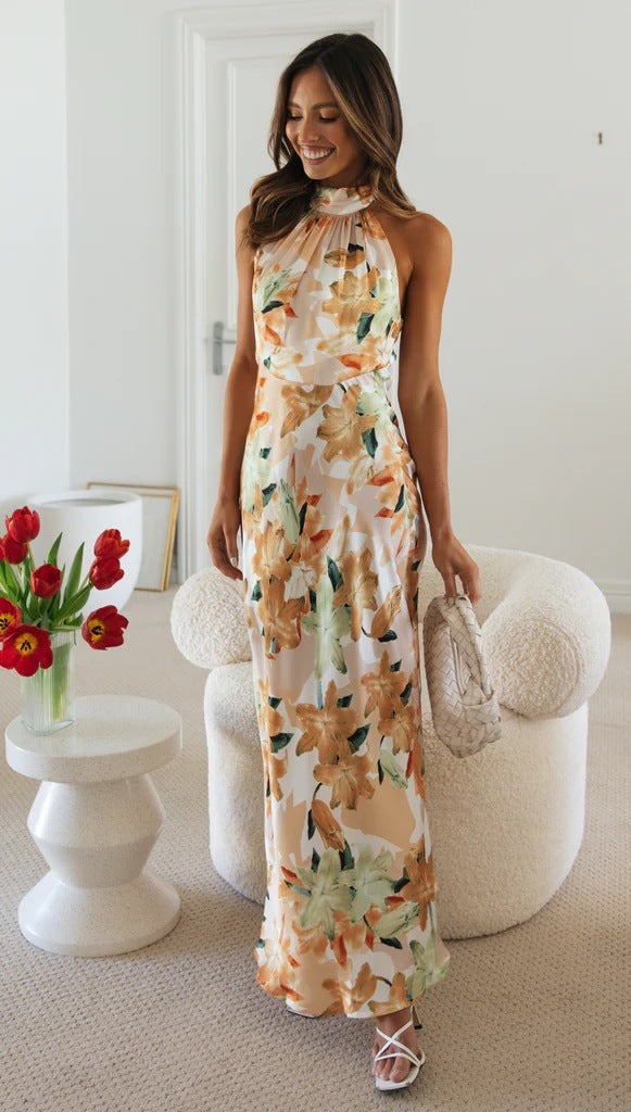 High Neck Halter Large Scale Lily Floral Print Satin Column Maxi Dress